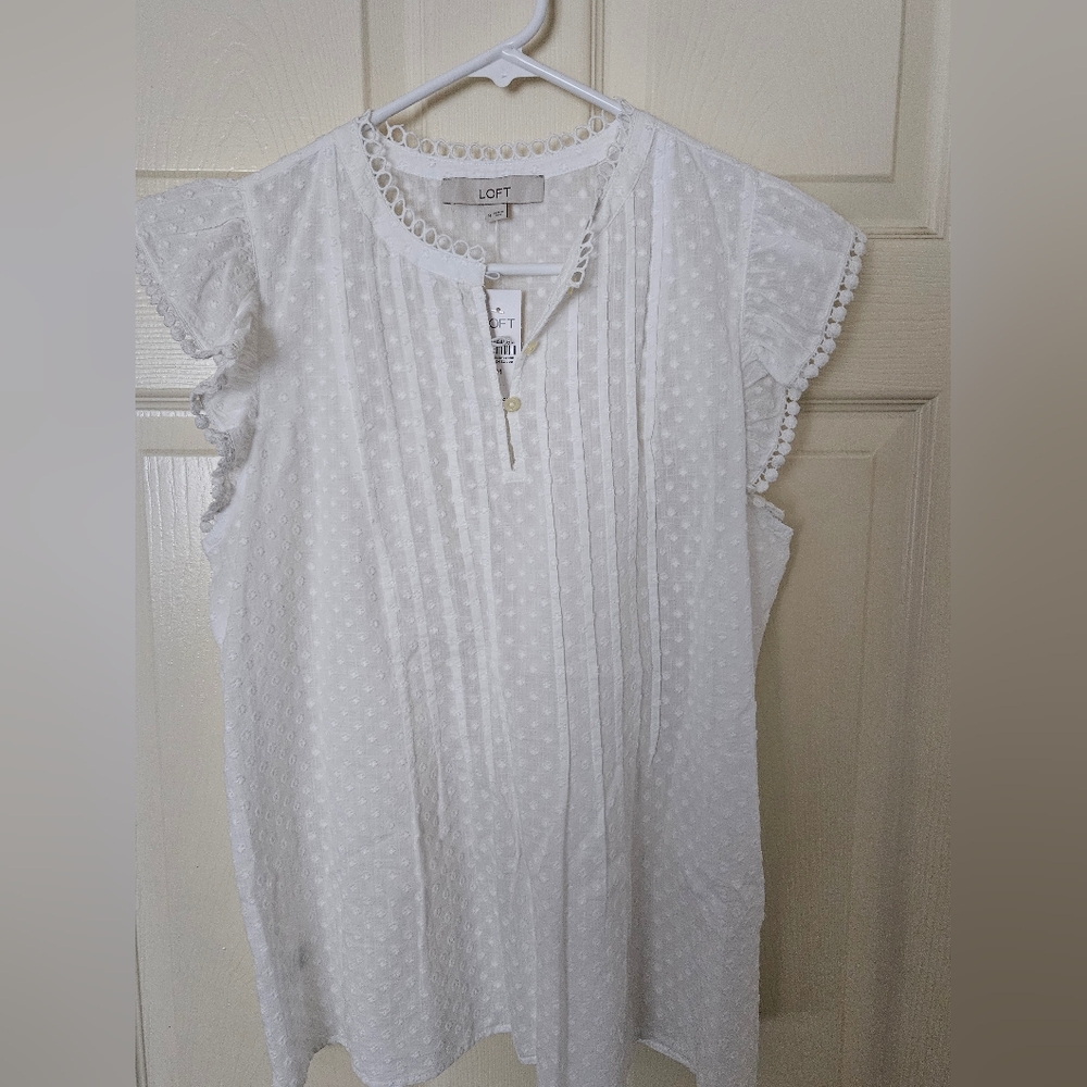 Loft White Ruffle Sleeve Top, Size M, New with Tags